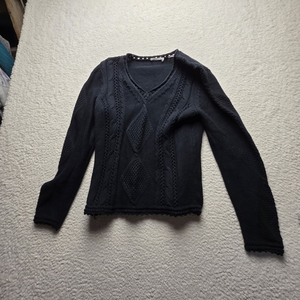 Sweater Womens Small Black V Neck Long Sleeve Cable Knit Pullover Scallop Hem